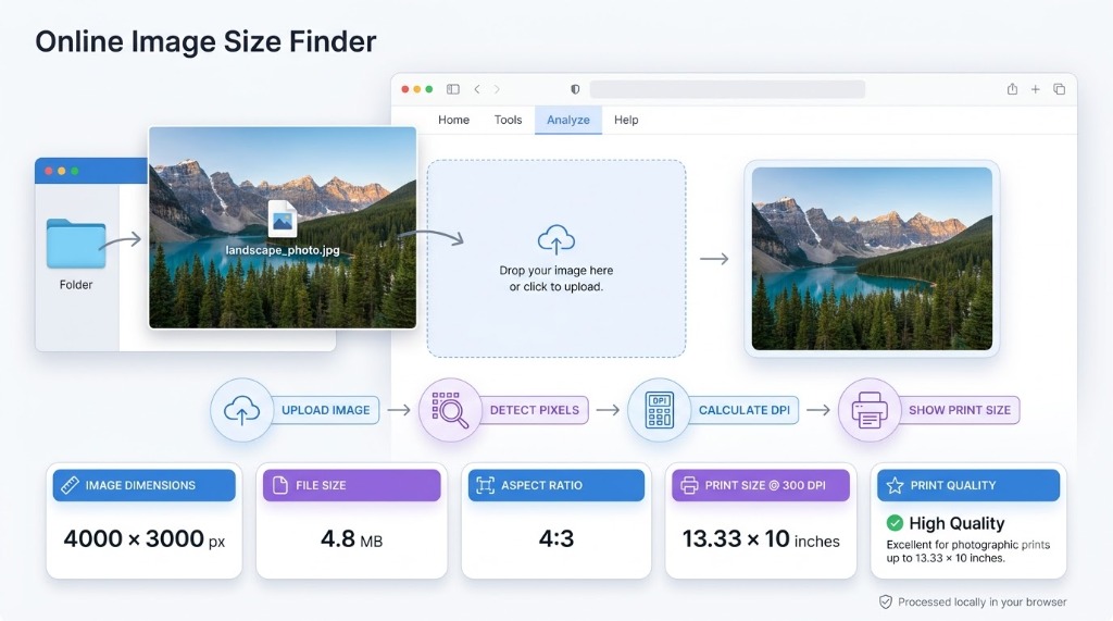 Online Image Size Finder step-by-step workflow showing file upload, pixel detection, DPI calculation, and print size report