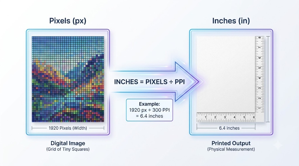 Pixel to inches conversion formula illustration showing Inches equals Pixels divided by PPI with 1920px at 300 PPI equals 6.4 inches