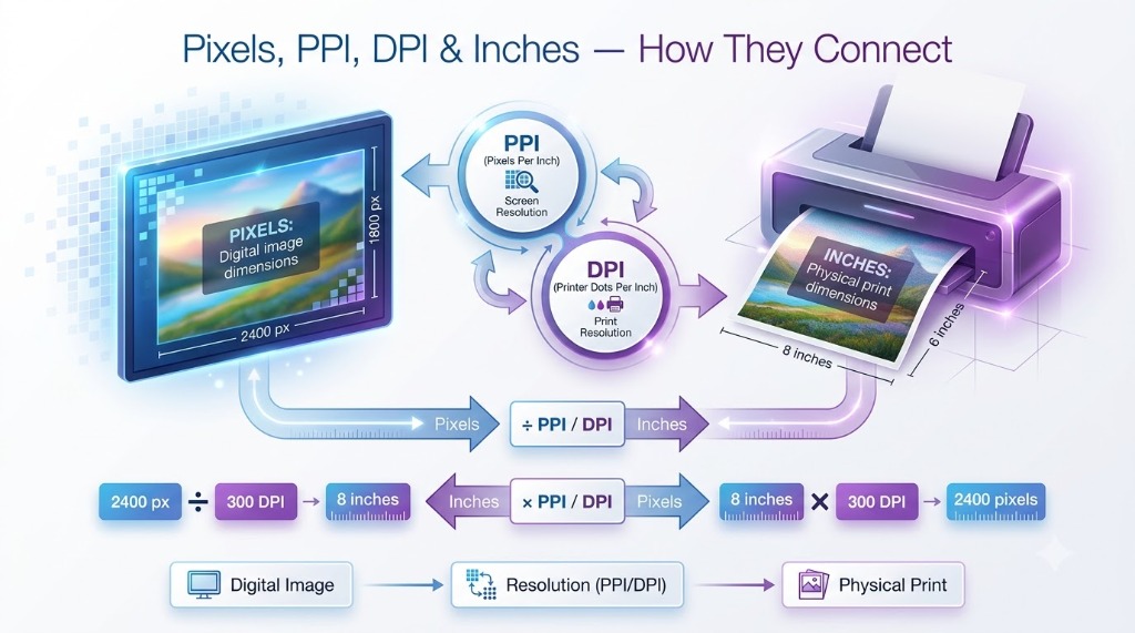 Pixels, PPI, DPI and Inches connection diagram showing digital image resolution translating to physical print dimensions