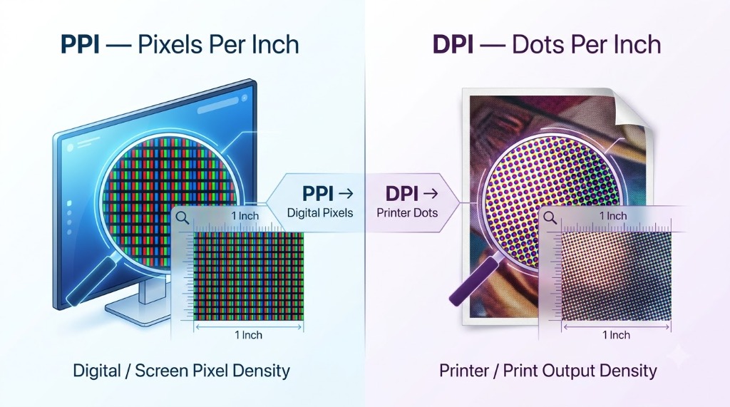 PPI Pixels Per Inch vs DPI Dots Per Inch comparison diagram demonstrating digital screen pixel density vs printer ink droplet density